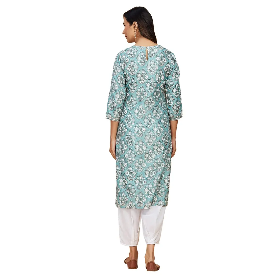 Fabindia Women's Cotton Silk Printed Slim Kurta (102917702_Aqua