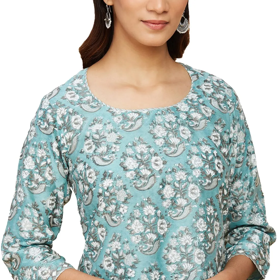 Fabindia Women's Cotton Silk Printed Slim Kurta (102917702_Aqua