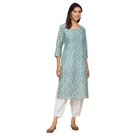 Fabindia Women's Cotton Silk Printed Slim Kurta (102917702_Aqua