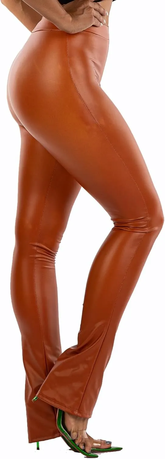 Faux Leather Flare Pants - High Waist Matte PU Flare Leggings - Stretchy Lightweight Boot Cut Pants