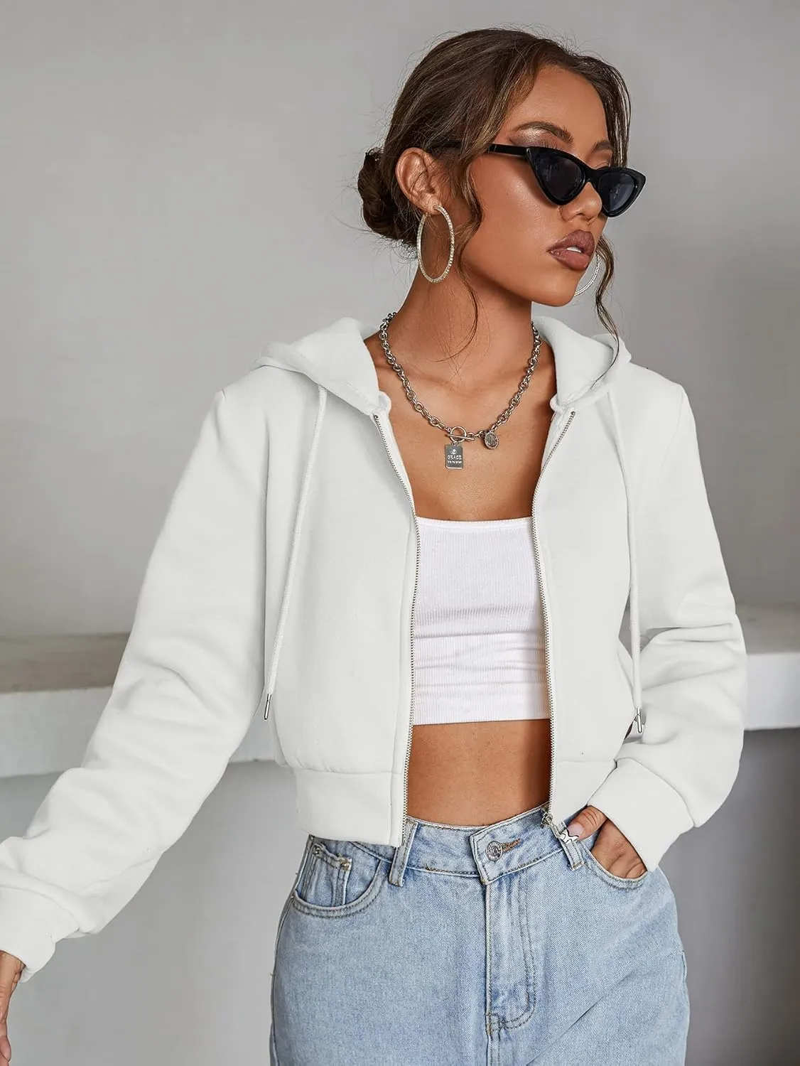 Floerns Women's Casual Long Sleeve Zip Up Cropped Hoodie Sweatshirts