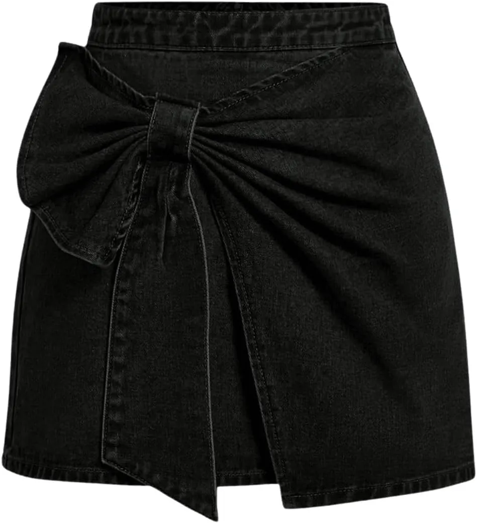 Floerns Women's Plus Size High Waist Denim Skirt Wrap Front Bow Bodycon Mini Skirt