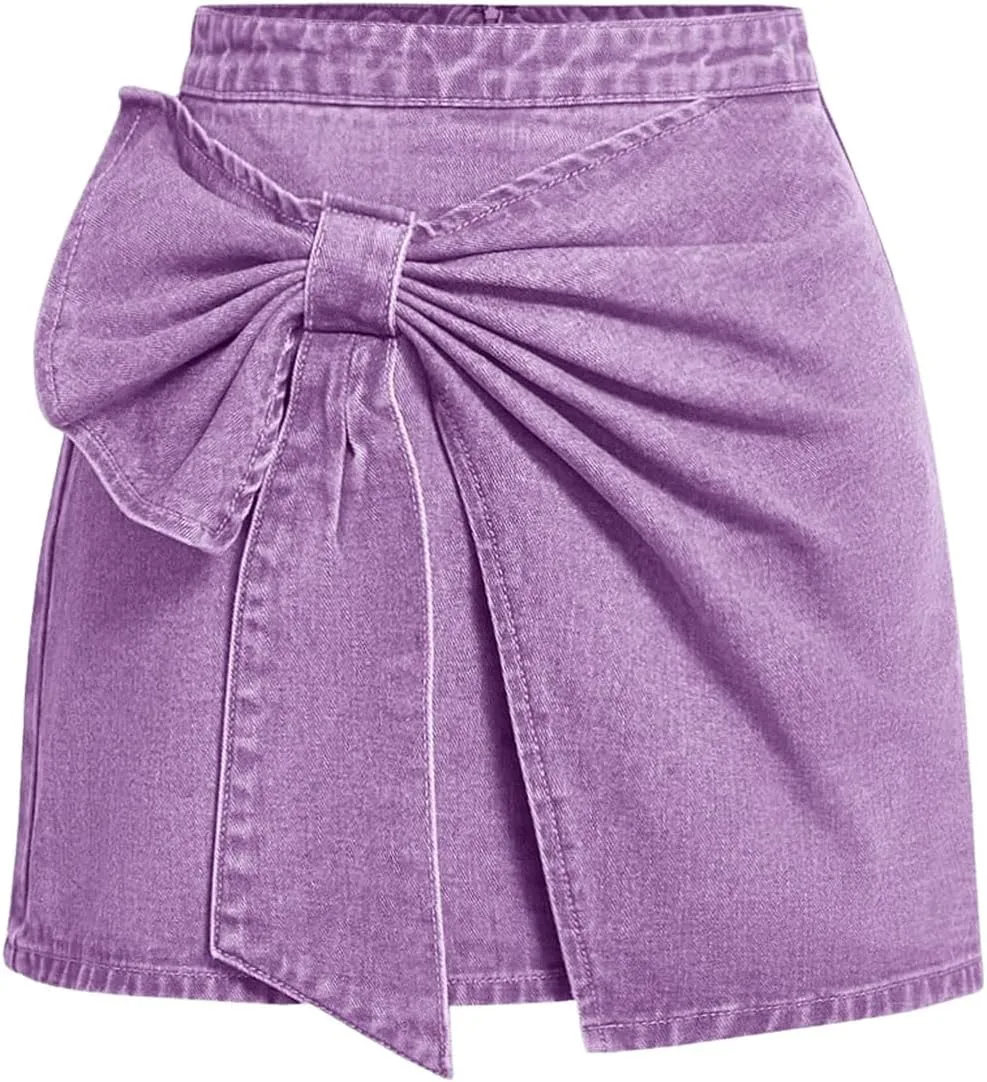 Floerns Women's Plus Size High Waist Denim Skirt Wrap Front Bow Bodycon Mini Skirt