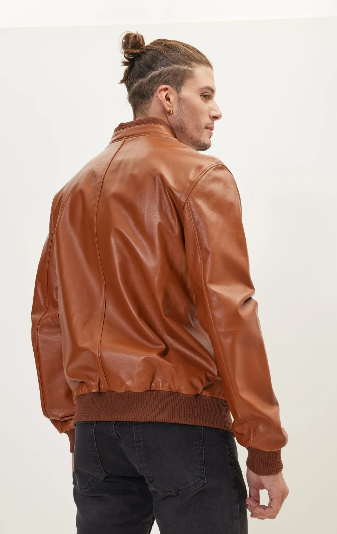 Genuine Leather Bomber Jacket - Brown
