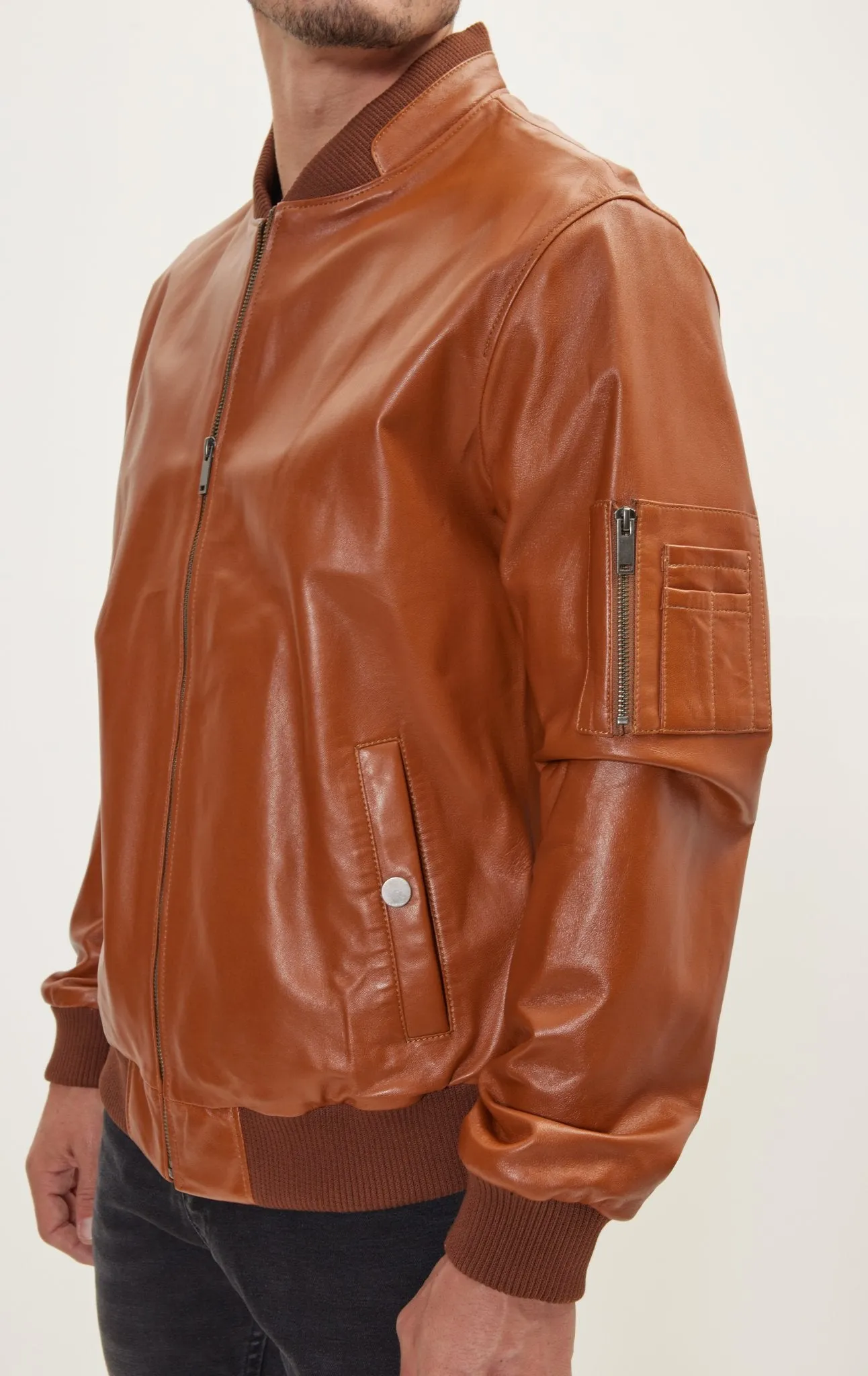 Genuine Leather Bomber Jacket - Brown