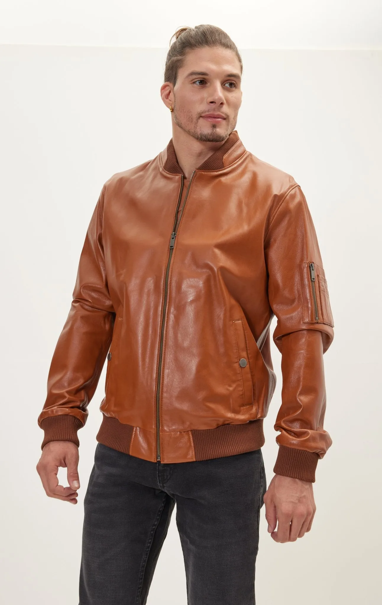 Genuine Leather Bomber Jacket - Brown