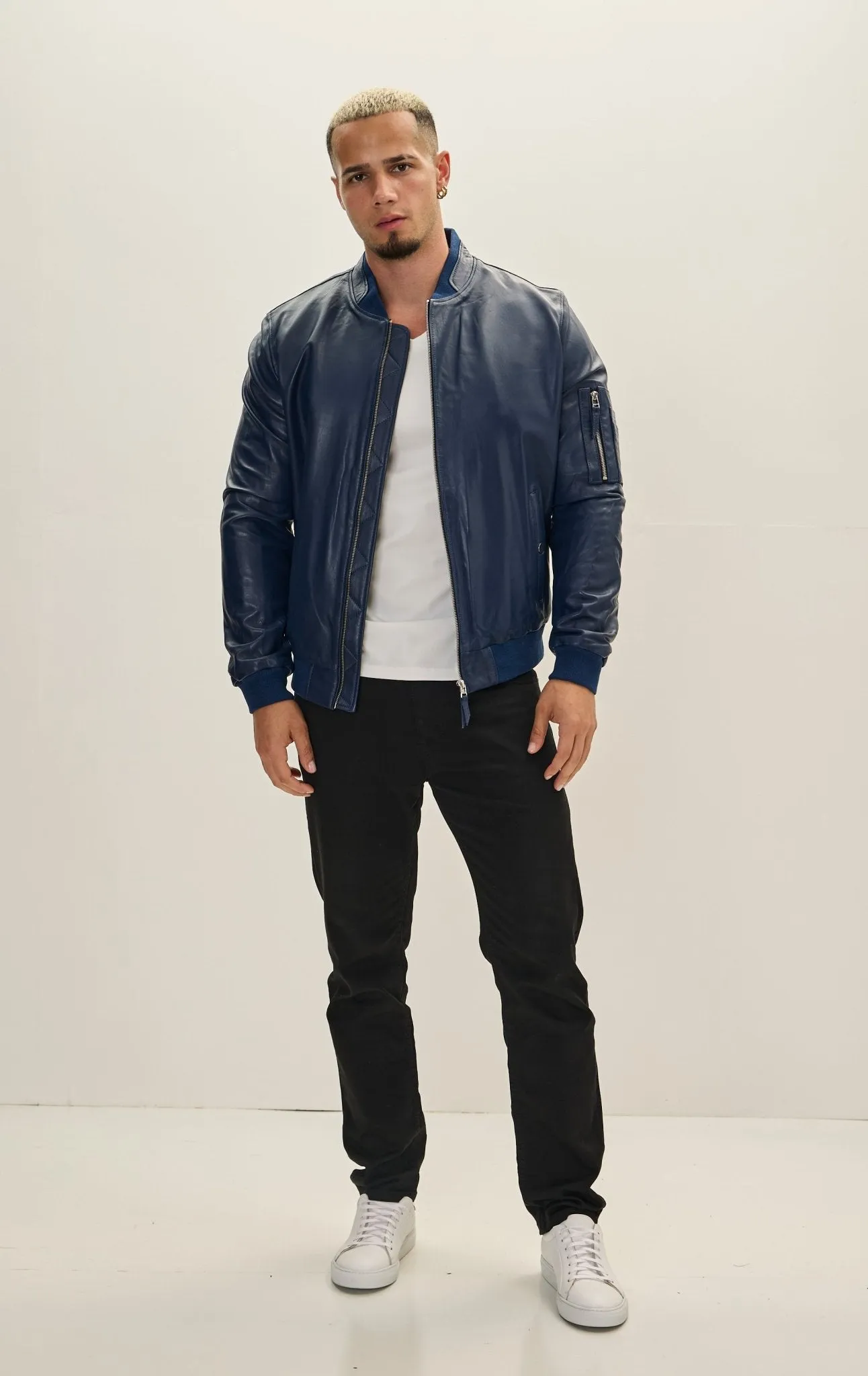 Genuine Leather Bomber Jacket - Navy