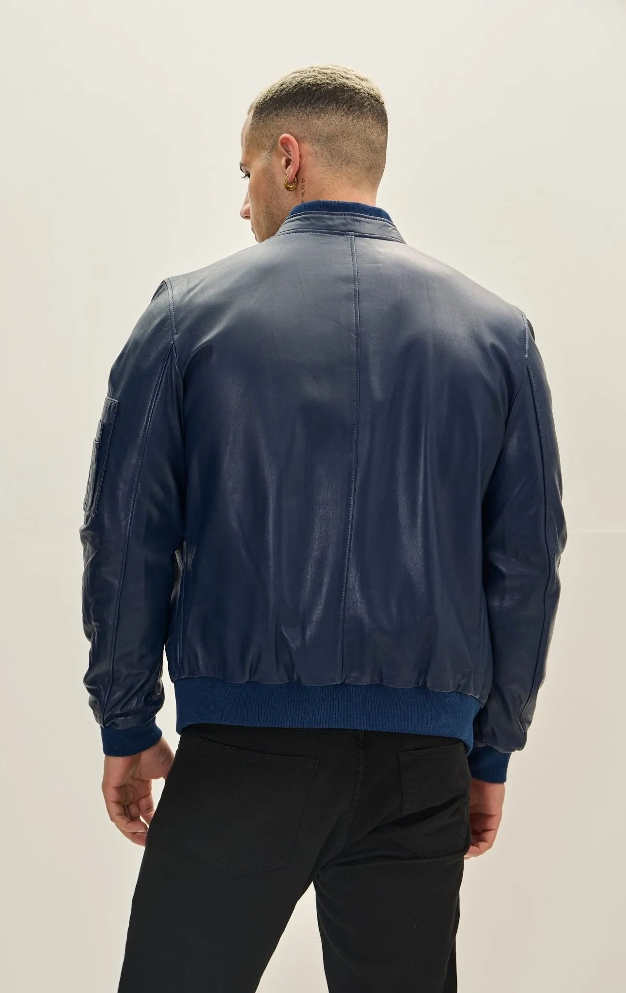 Genuine Leather Bomber Jacket - Navy