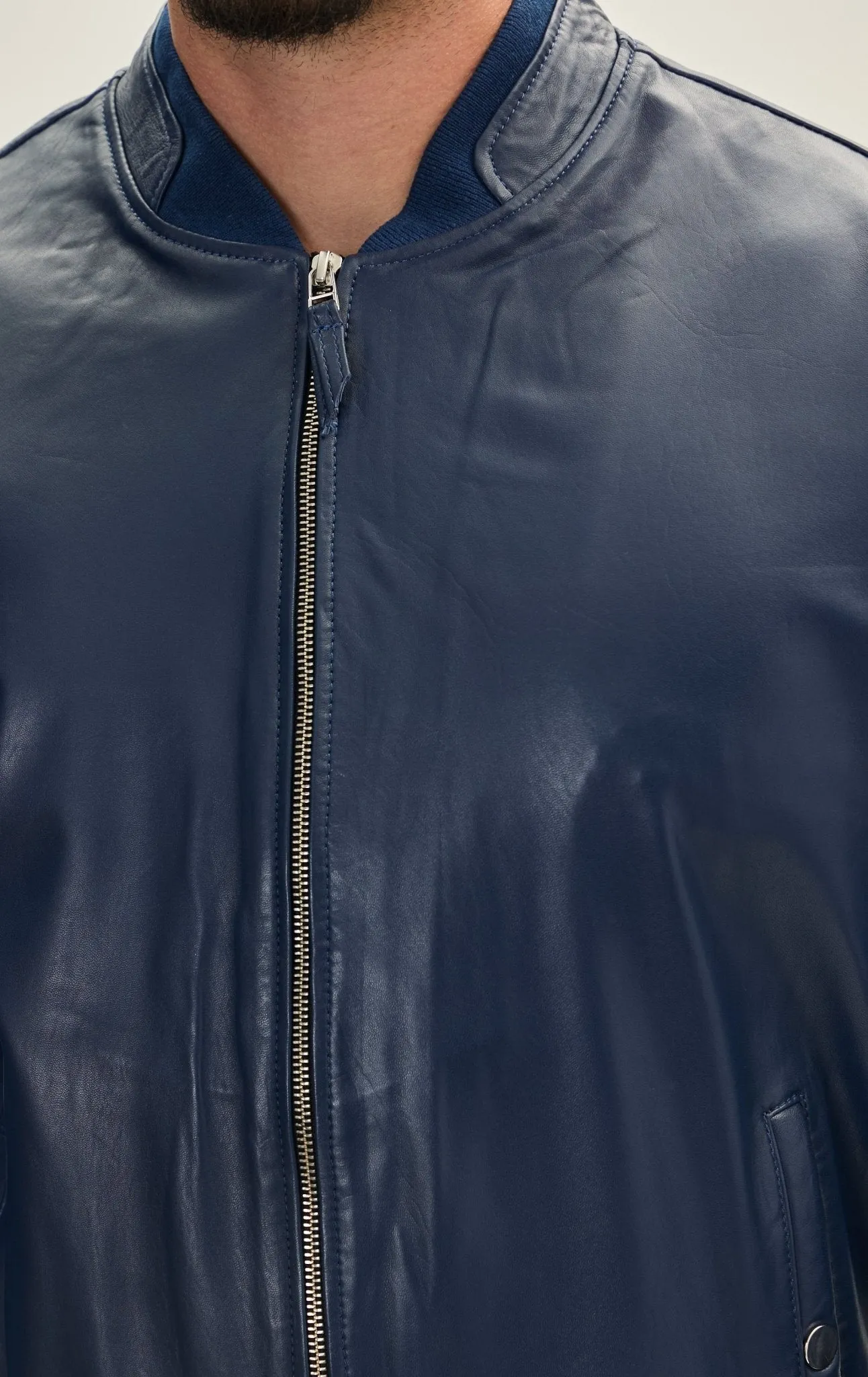 Genuine Leather Bomber Jacket - Navy