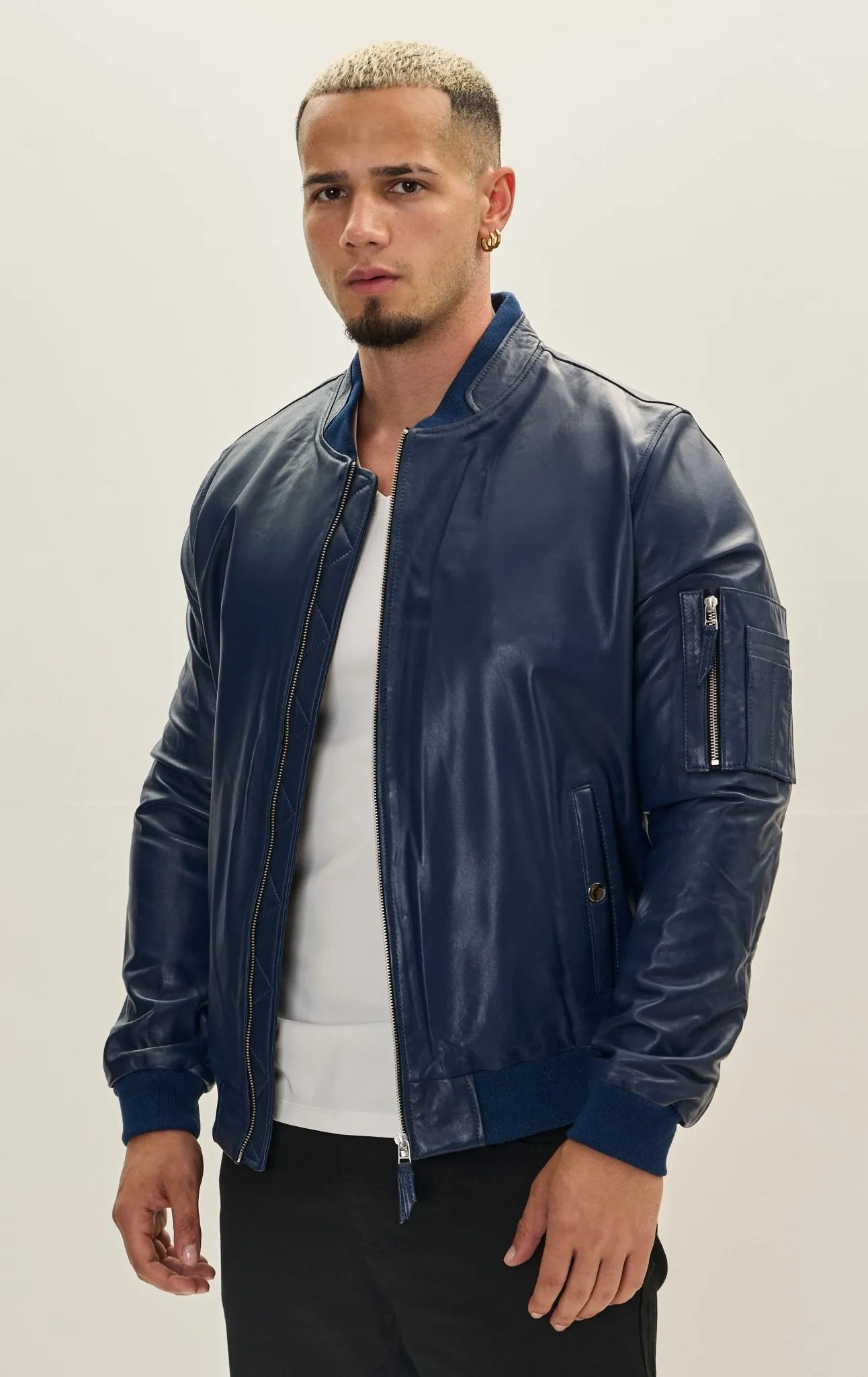 Genuine Leather Bomber Jacket - Navy