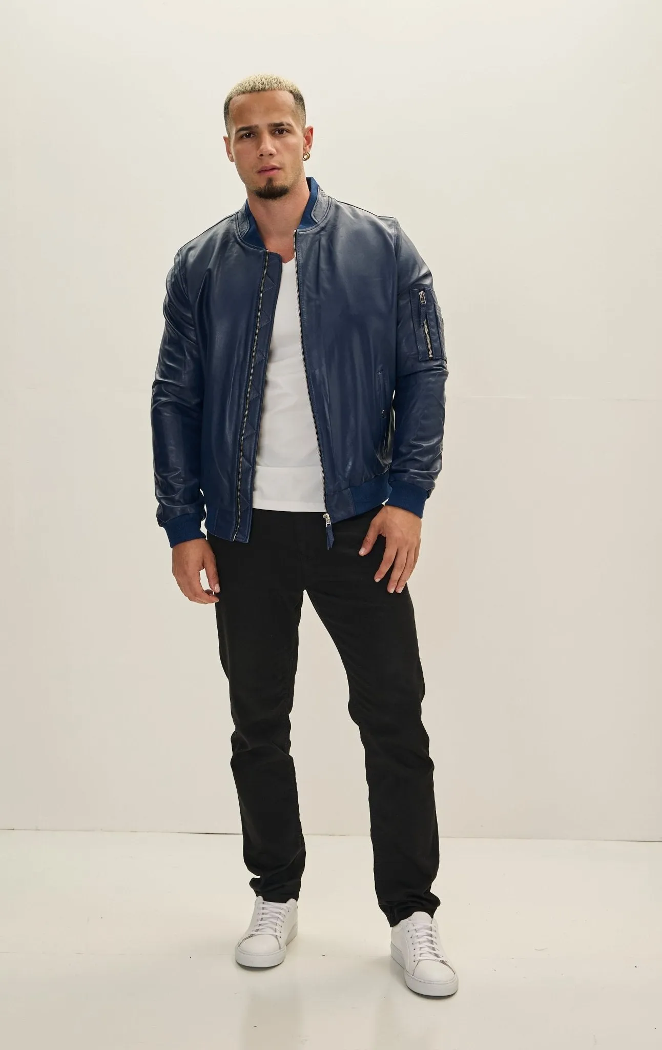 Genuine Leather Bomber Jacket - Navy