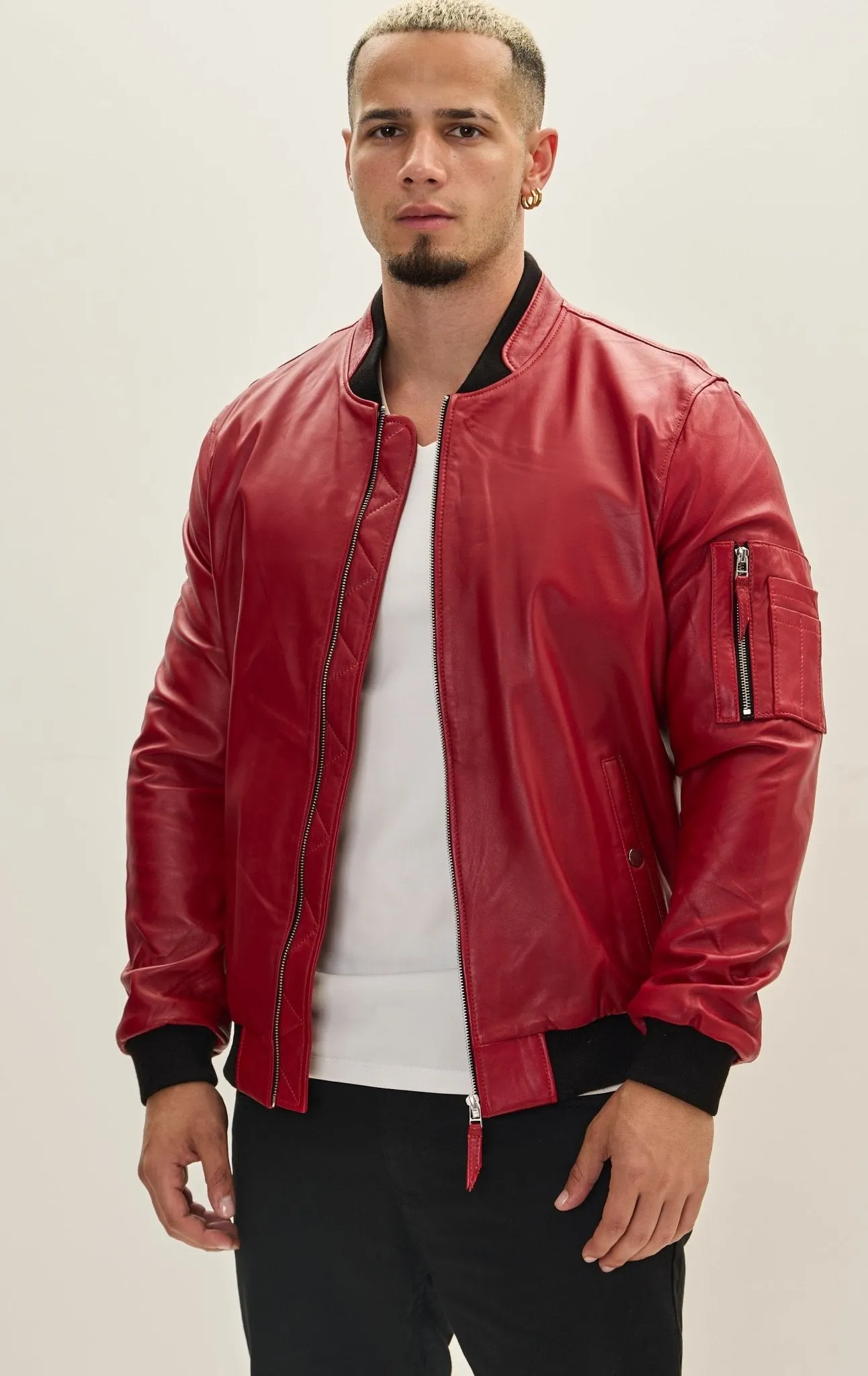 Genuine Leather Bomber Jacket - Red
