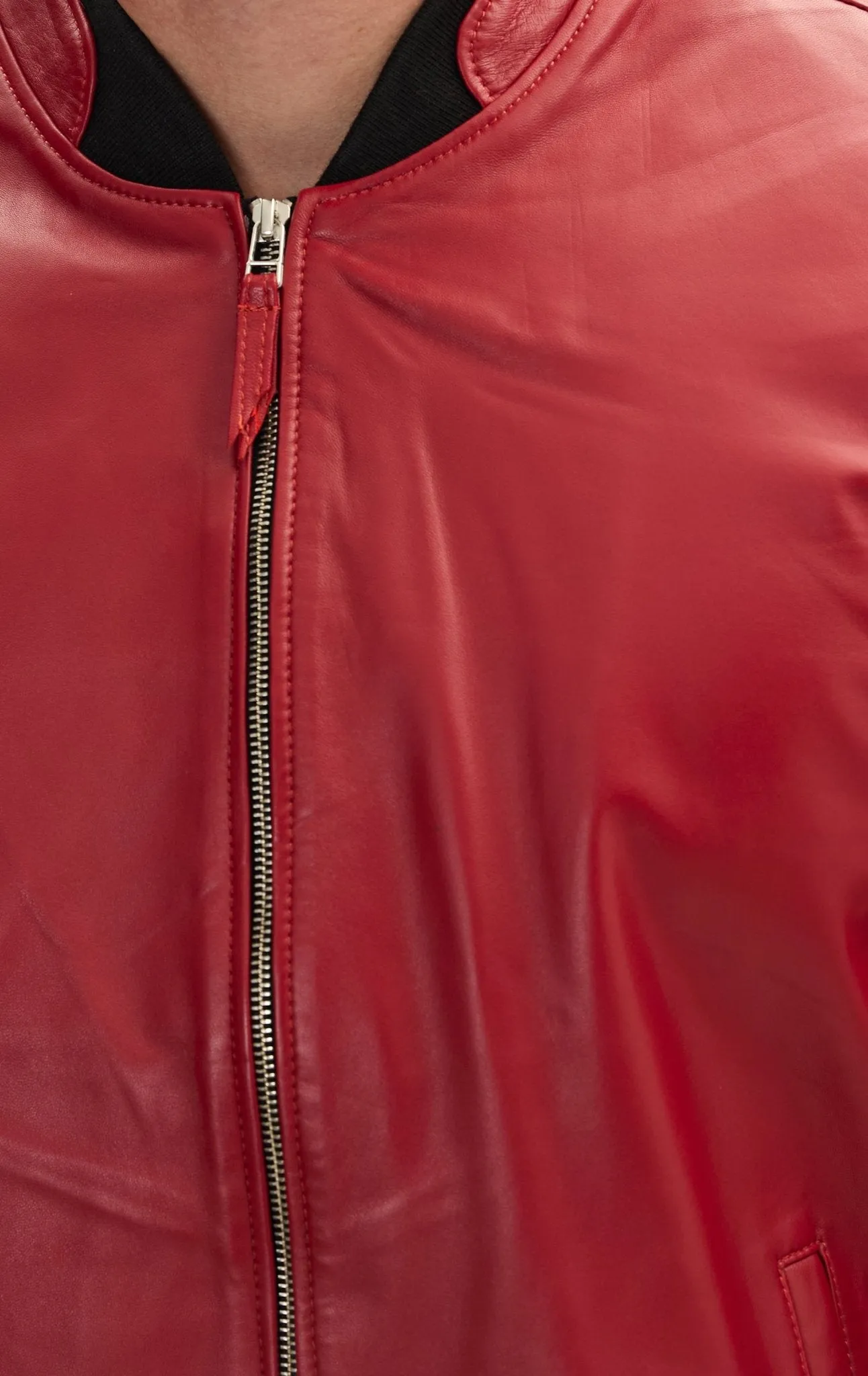 Genuine Leather Bomber Jacket - Red