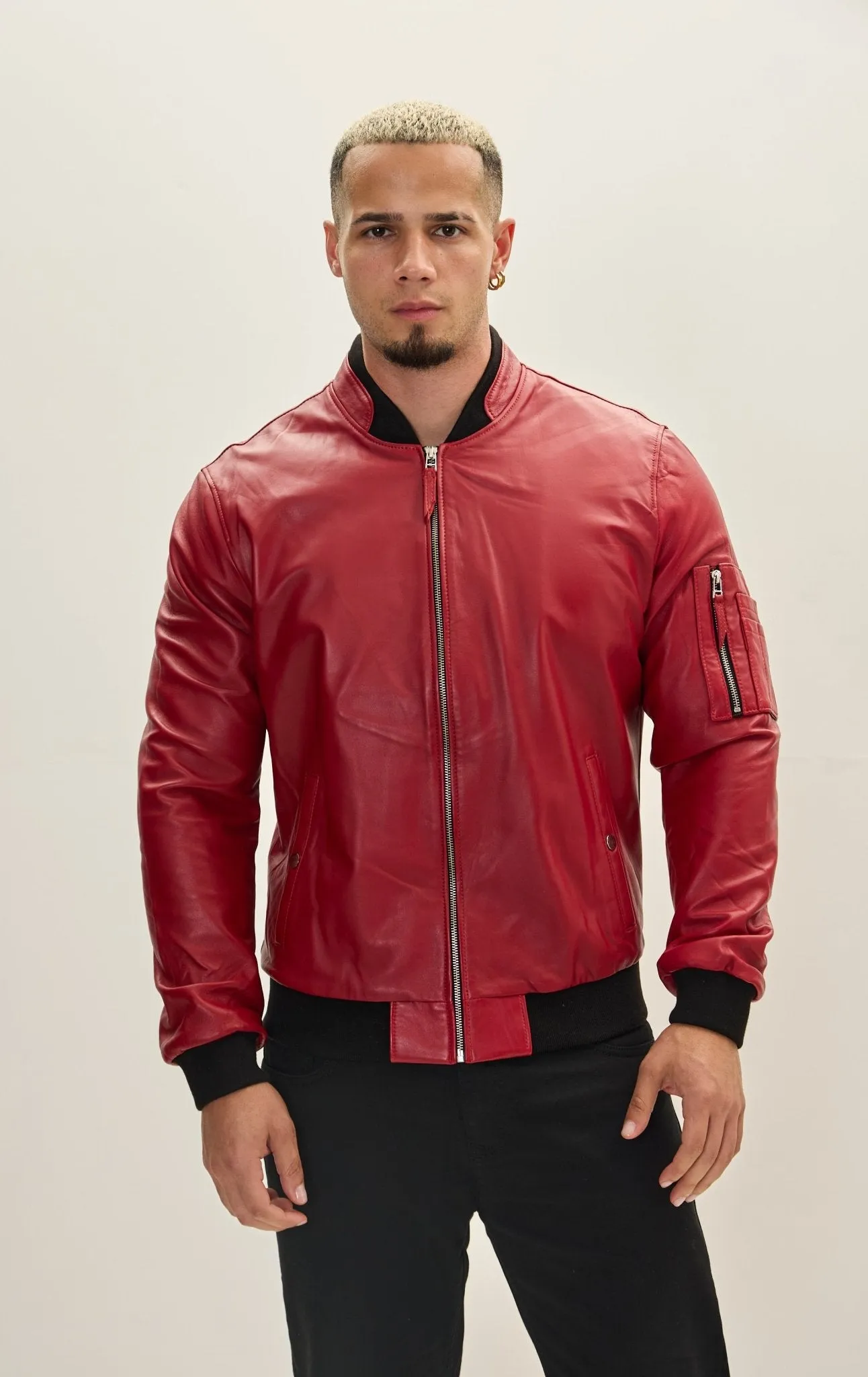 Genuine Leather Bomber Jacket - Red