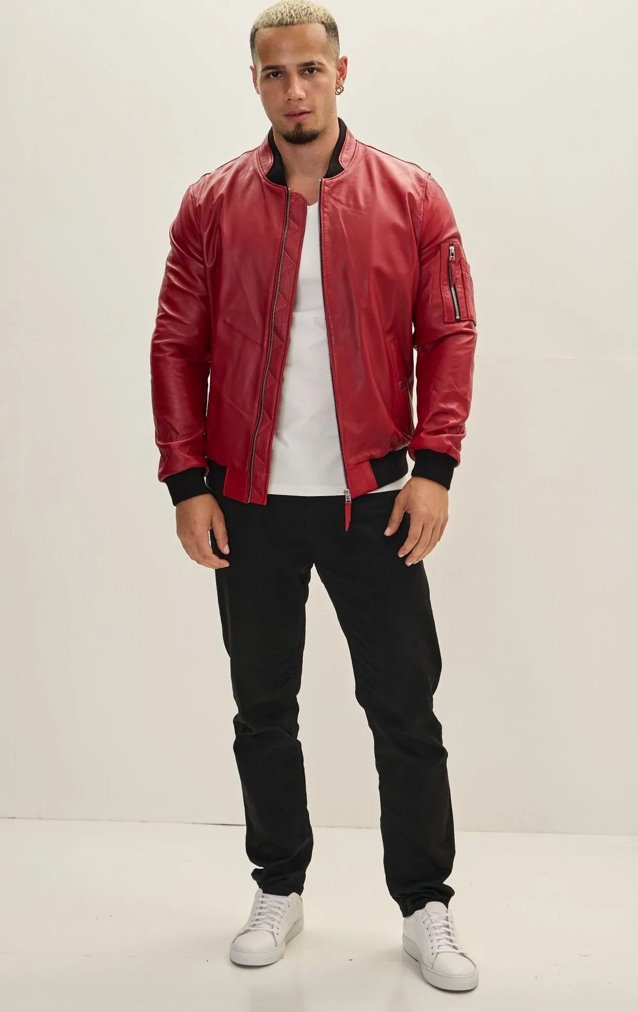 Genuine Leather Bomber Jacket - Red