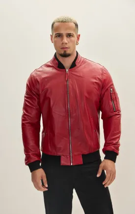 Genuine Leather Bomber Jacket - Red