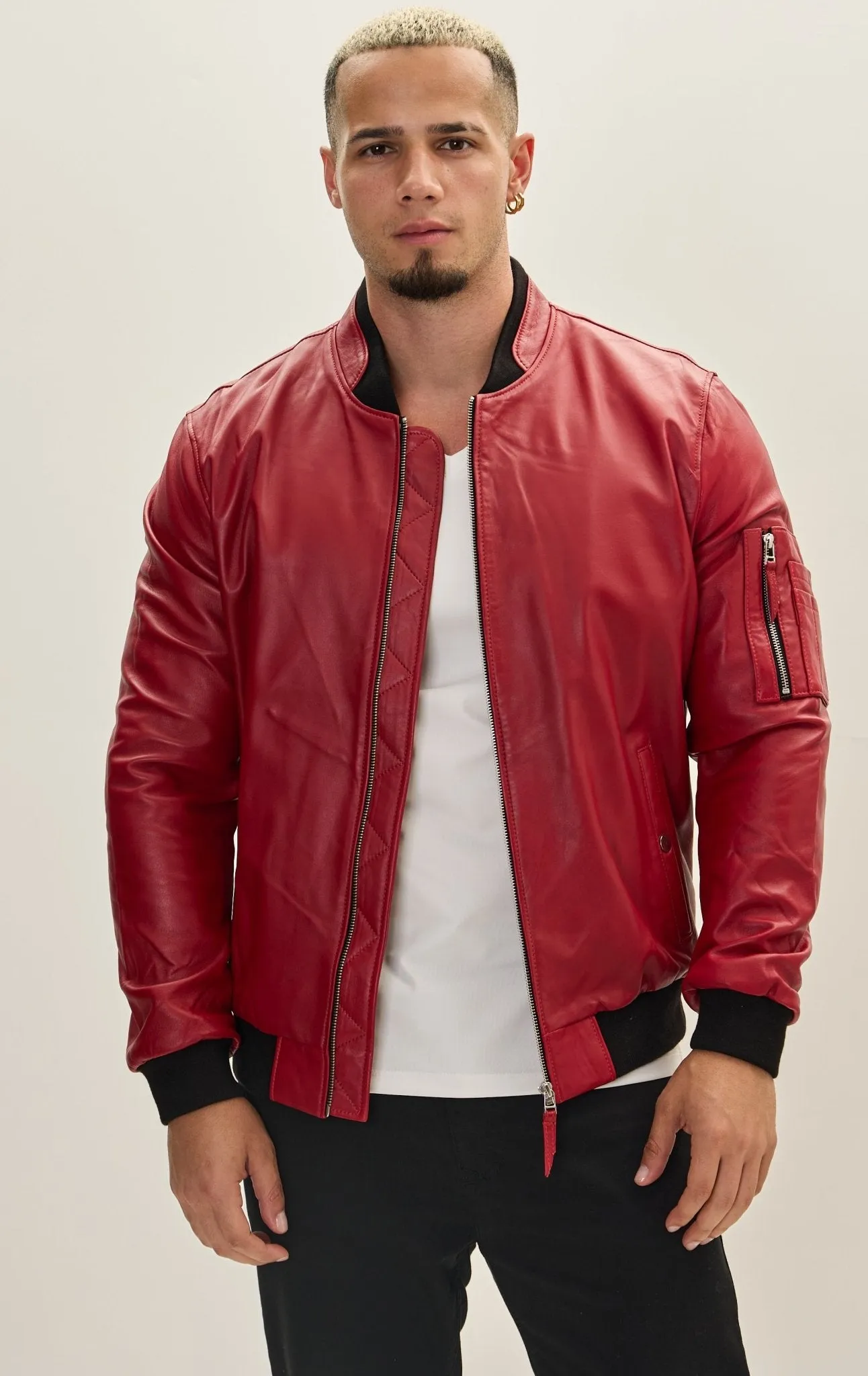 Genuine Leather Bomber Jacket - Red
