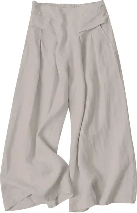 Gihuo Women' s Culottes Linen Blend Wide Leg Pants Elastic Waist Casual Palazzo Trousers with Pockets Capris