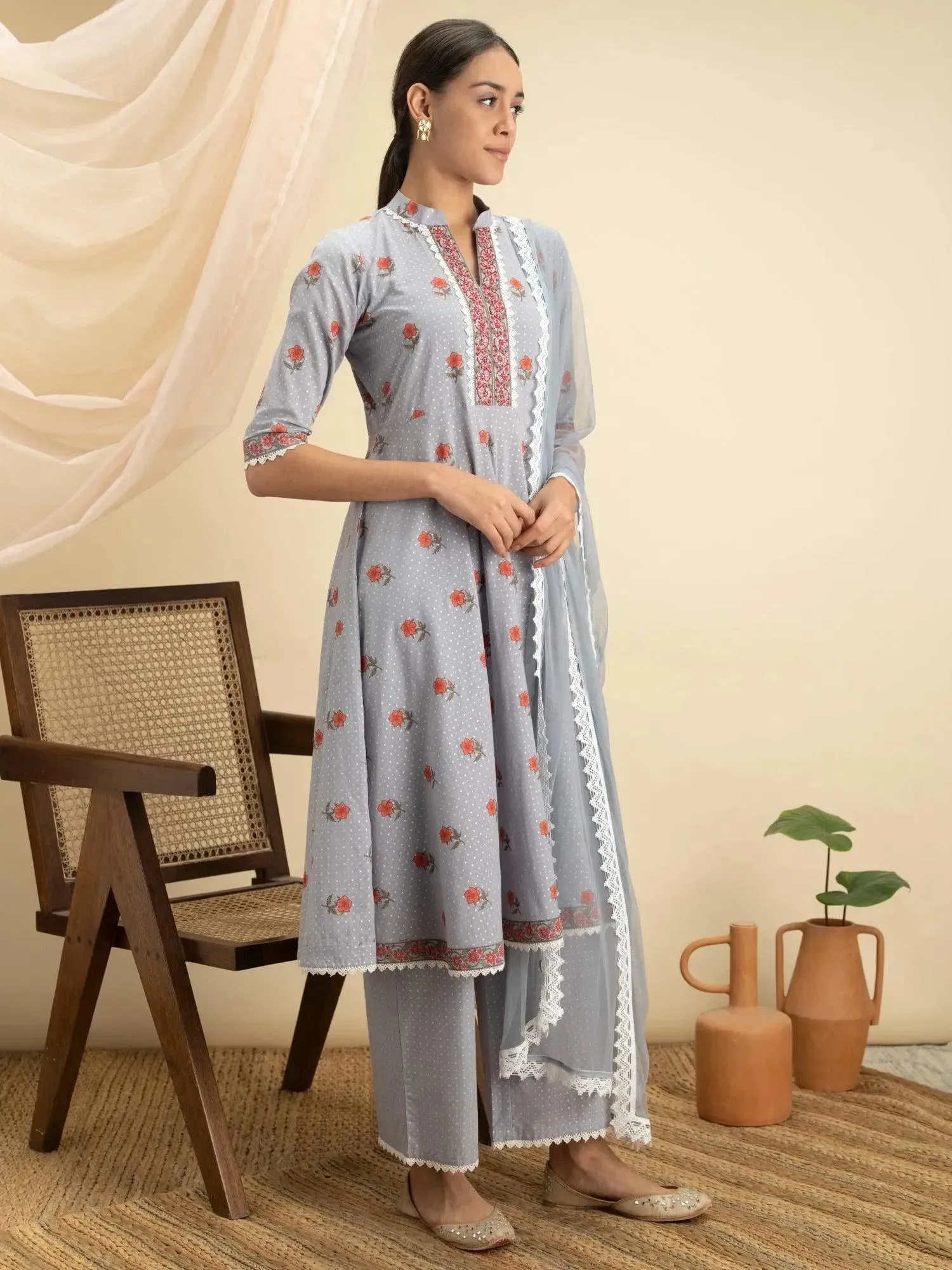 Grey Printed Cotton A-Line Kurta With Palazzos & Dupatta