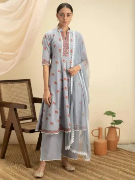 Grey Printed Cotton A-Line Kurta With Palazzos & Dupatta