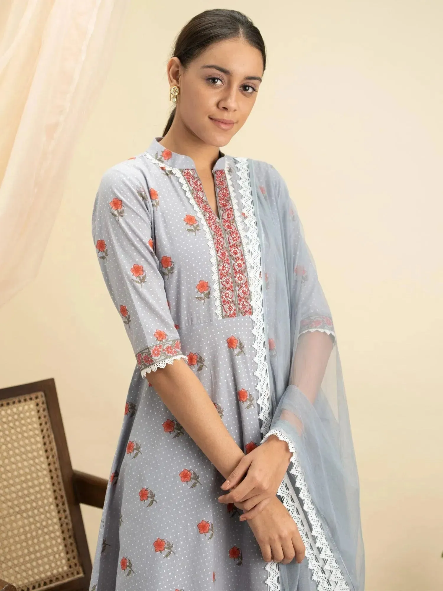 Grey Printed Cotton A-Line Kurta With Palazzos & Dupatta
