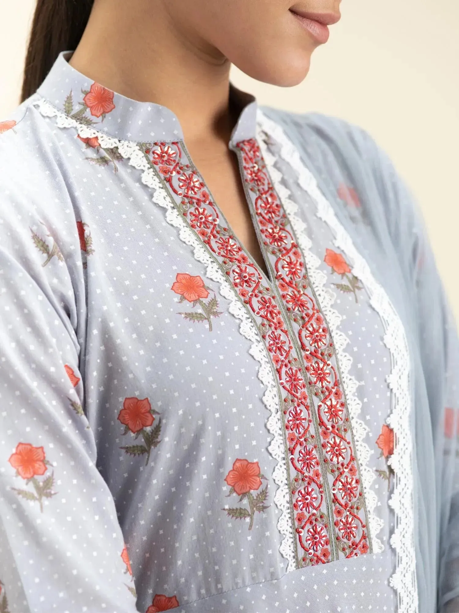Grey Printed Cotton A-Line Kurta With Palazzos & Dupatta