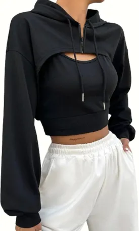 Hilinker Women's Zip Up Long Sleeve Cropped Hoodie Workout Drawstring Super Crop Tops