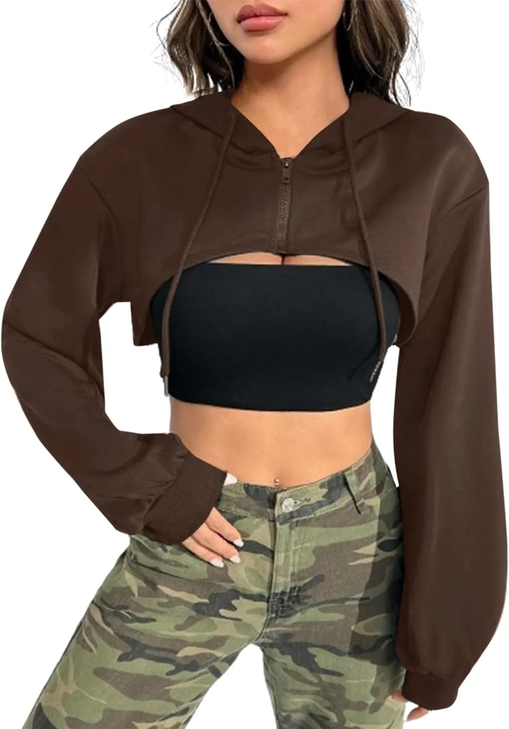 Hilinker Women's Zip Up Long Sleeve Cropped Hoodie Workout Drawstring Super Crop Tops