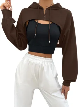 Hilinker Women's Zip Up Long Sleeve Cropped Hoodie Workout Drawstring Super Crop Tops