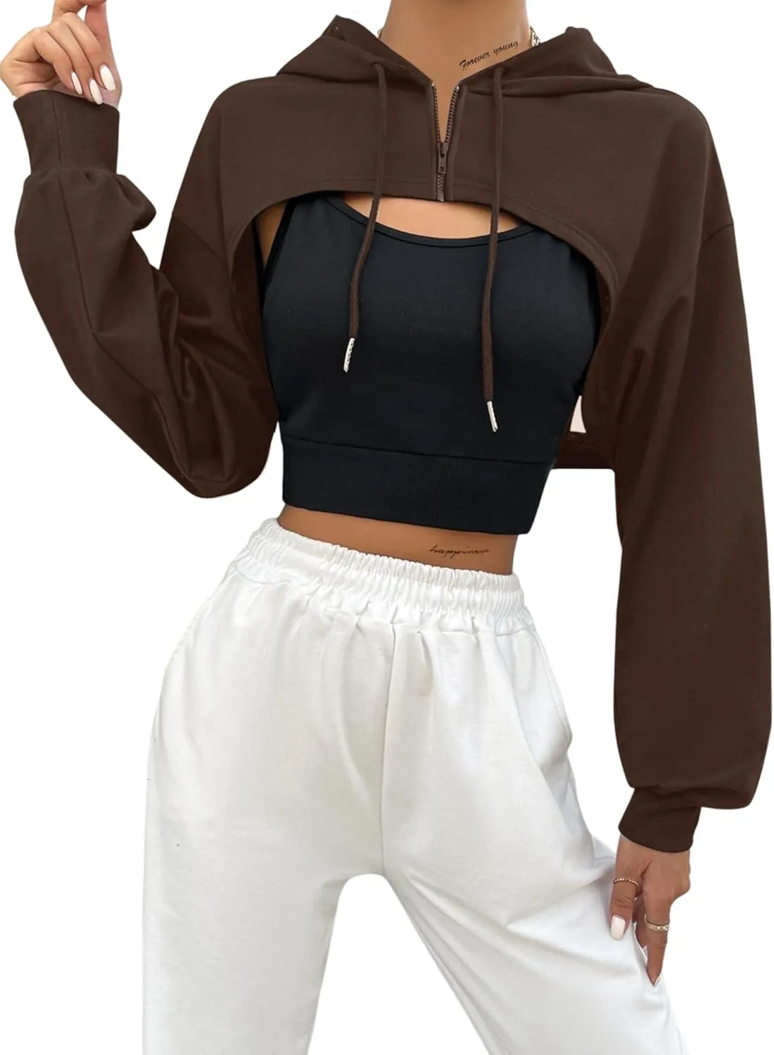 Hilinker Women's Zip Up Long Sleeve Cropped Hoodie Workout Drawstring Super Crop Tops