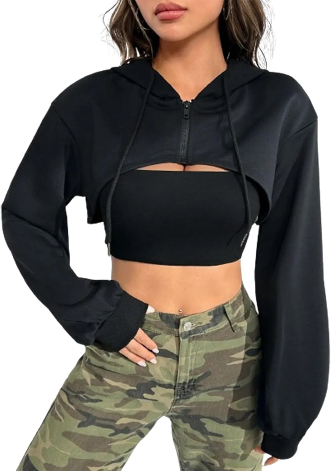 Hilinker Women's Zip Up Long Sleeve Cropped Hoodie Workout Drawstring Super Crop Tops