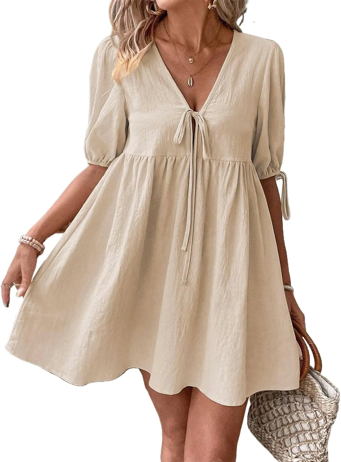 IDEALSANXUN Linen Dresses for Women 2025 Spring Summer Beach Tie Front V Neck Short Sleeve A Line Flowy Mini Sundress