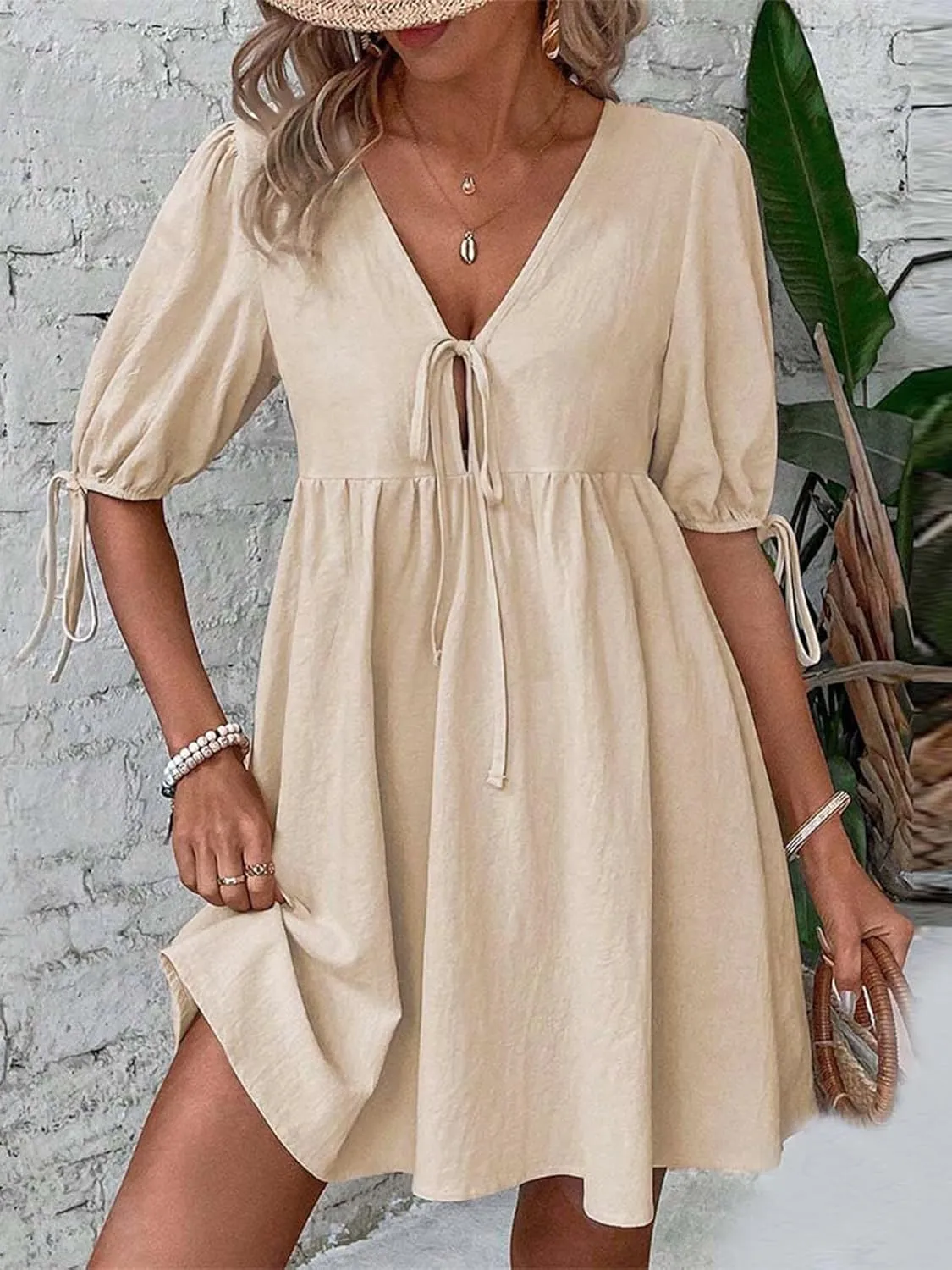 IDEALSANXUN Linen Dresses for Women 2025 Spring Summer Beach Tie Front V Neck Short Sleeve A Line Flowy Mini Sundress