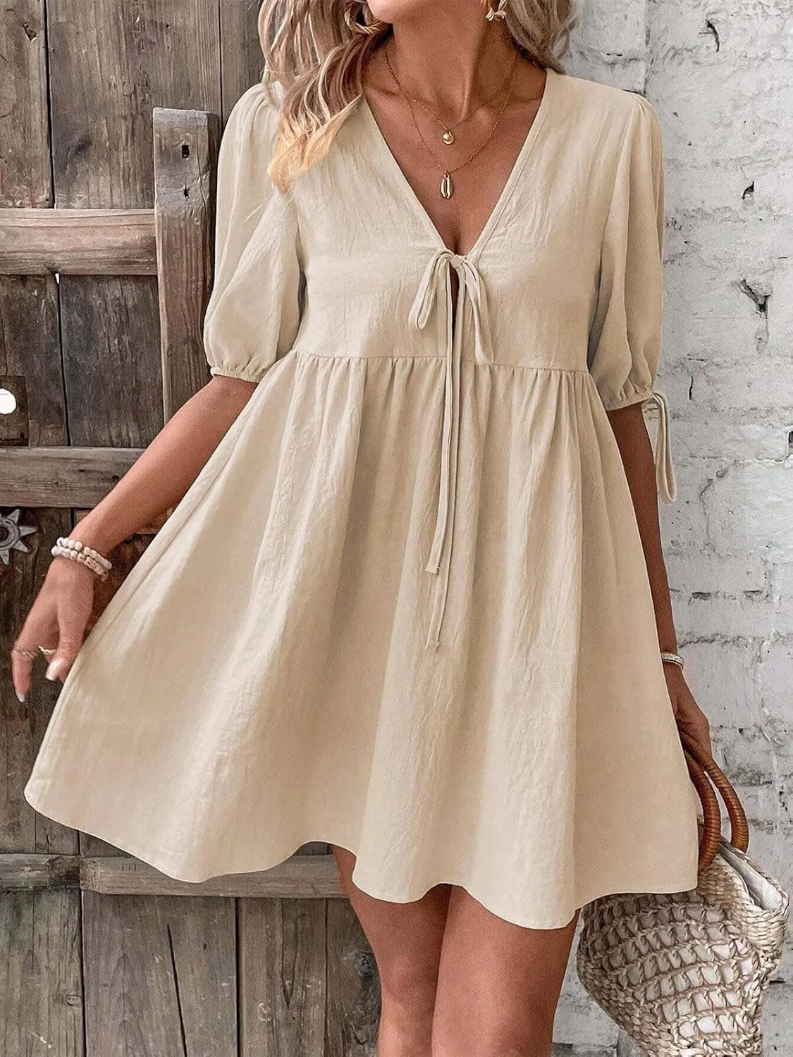 IDEALSANXUN Linen Dresses for Women 2025 Spring Summer Beach Tie Front V Neck Short Sleeve A Line Flowy Mini Sundress