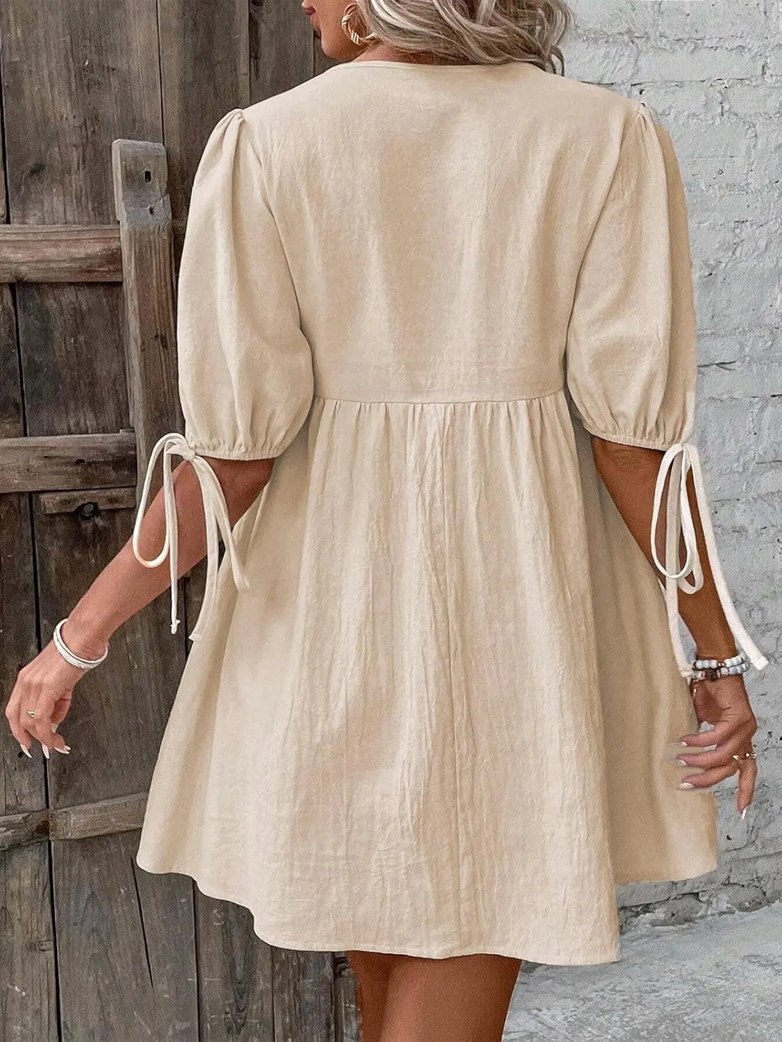 IDEALSANXUN Linen Dresses for Women 2025 Spring Summer Beach Tie Front V Neck Short Sleeve A Line Flowy Mini Sundress