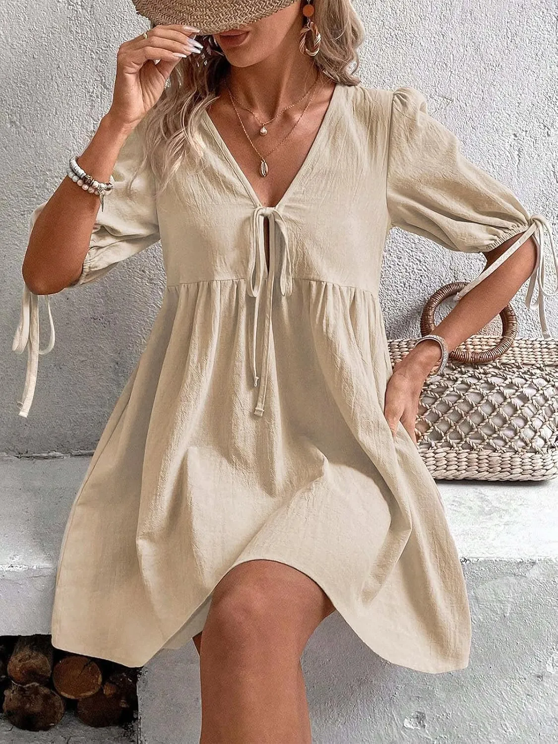 IDEALSANXUN Linen Dresses for Women 2025 Spring Summer Beach Tie Front V Neck Short Sleeve A Line Flowy Mini Sundress