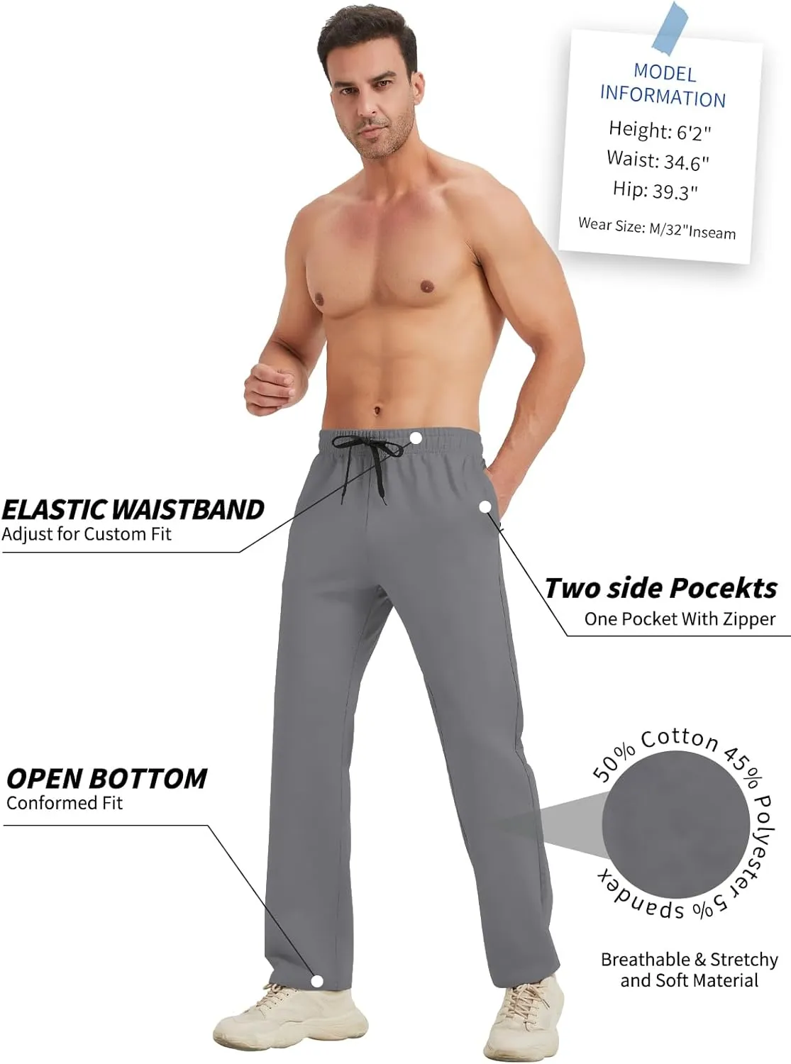 Idtswch 30/32/34/36/38/40 Long Inseam Mens Tall Sweatpants Open Bottom Joggers Athletic Yoga Pants with Pockets
