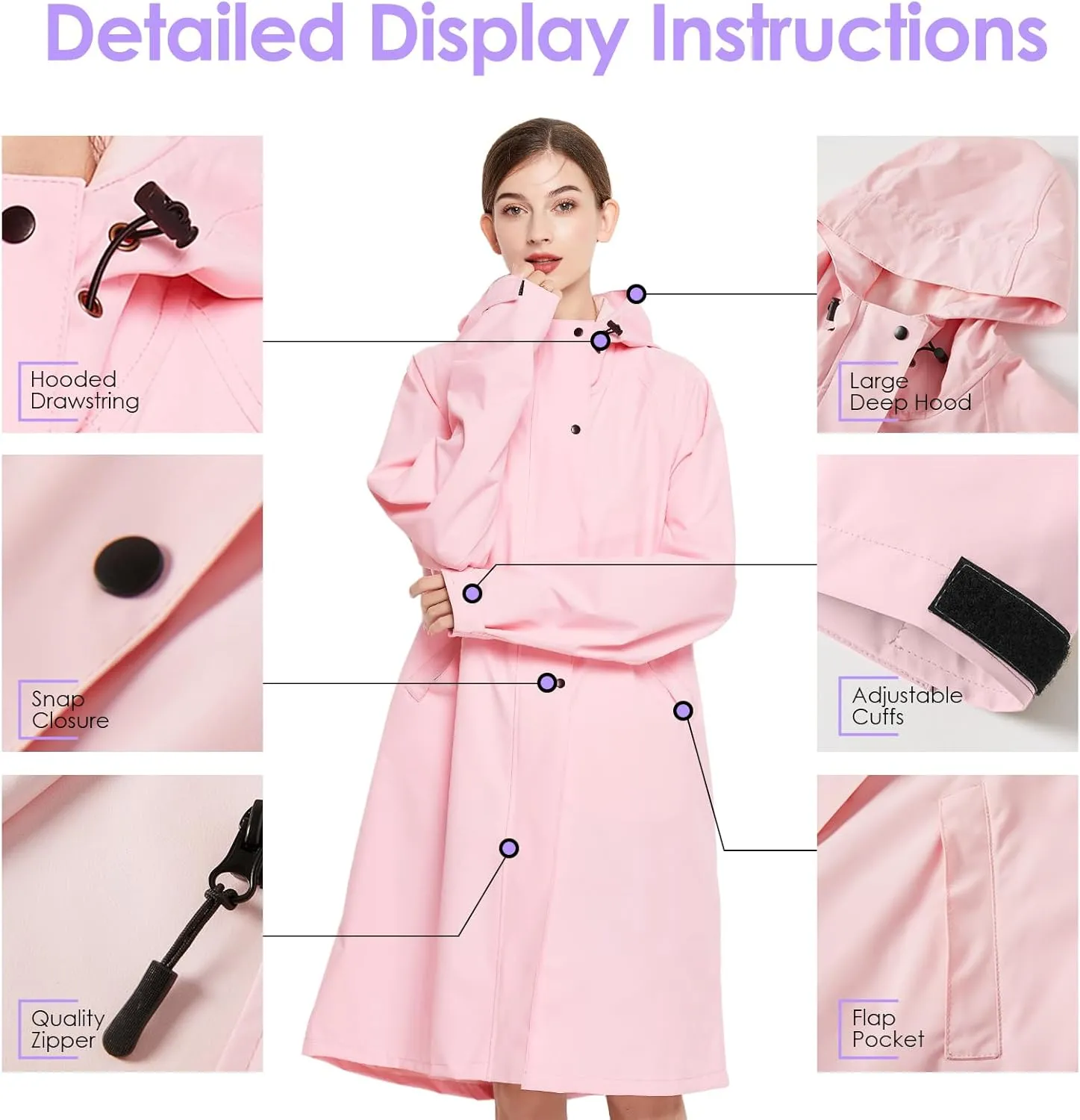 LAMA Long Raincoat for Women, Lightweight Rain Coat with Hooded, Waterproof Rain Jacket, Packable Rainwear