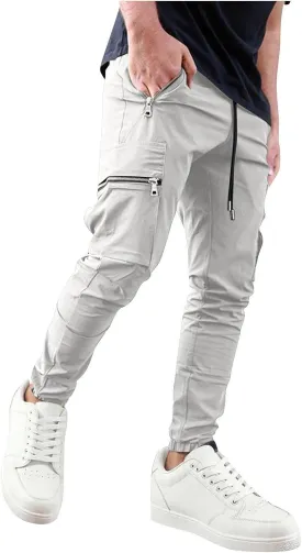Men's Casual Cargo Pants Drawstring Elastic Waist Joggers Sweatpants Solid Color Multiple Pockets Hiking Trousers