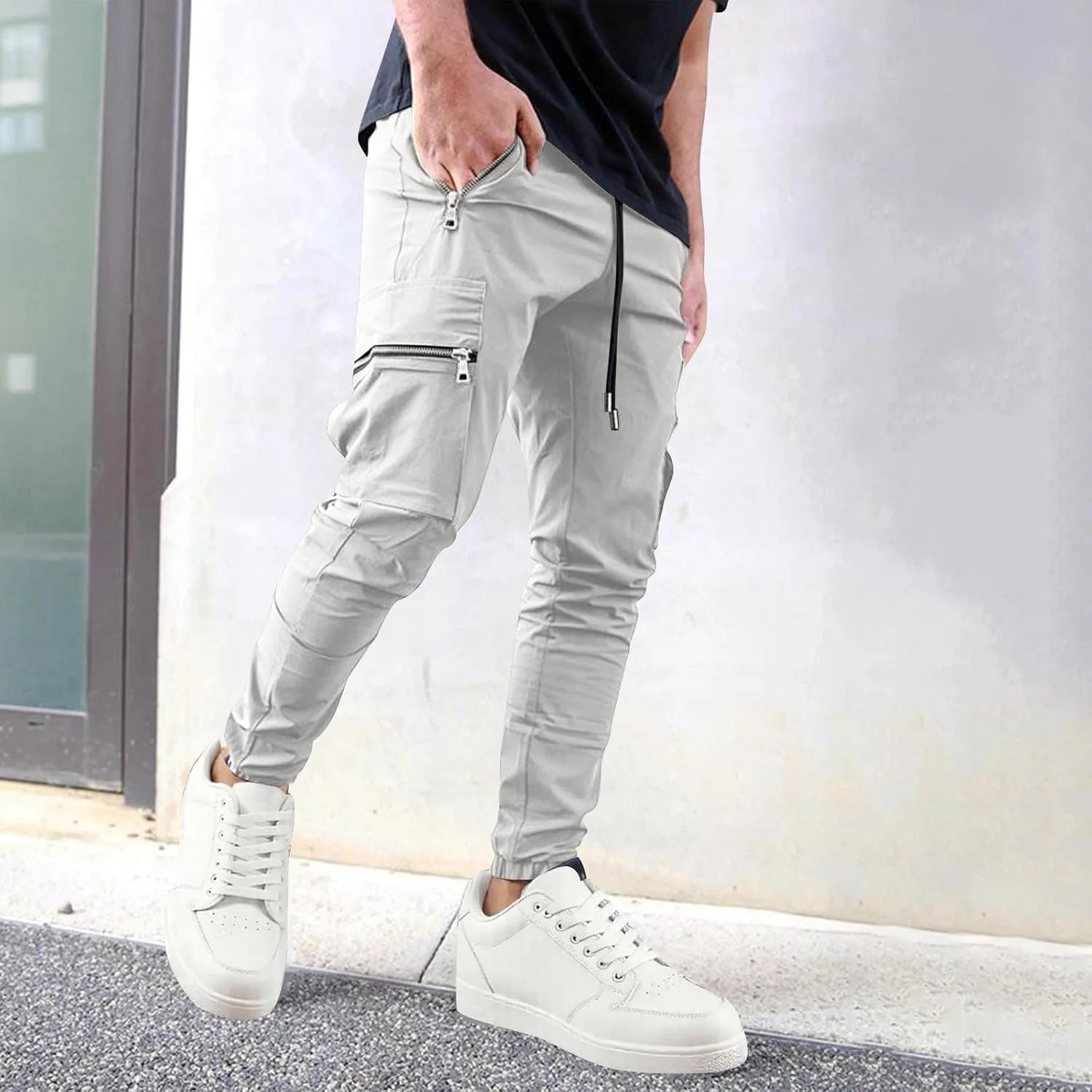 Men's Casual Cargo Pants Drawstring Elastic Waist Joggers Sweatpants Solid Color Multiple Pockets Hiking Trousers