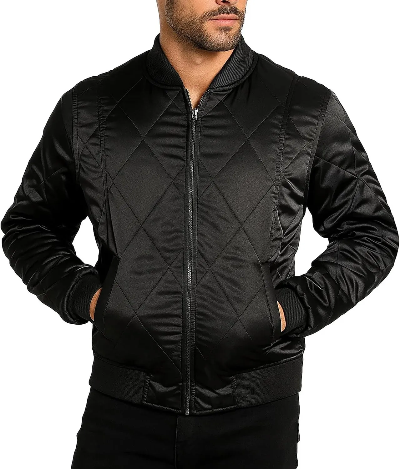 Mens Scorpio Logo Embroidered Quilted Lightweight Satin Bomber Jacket