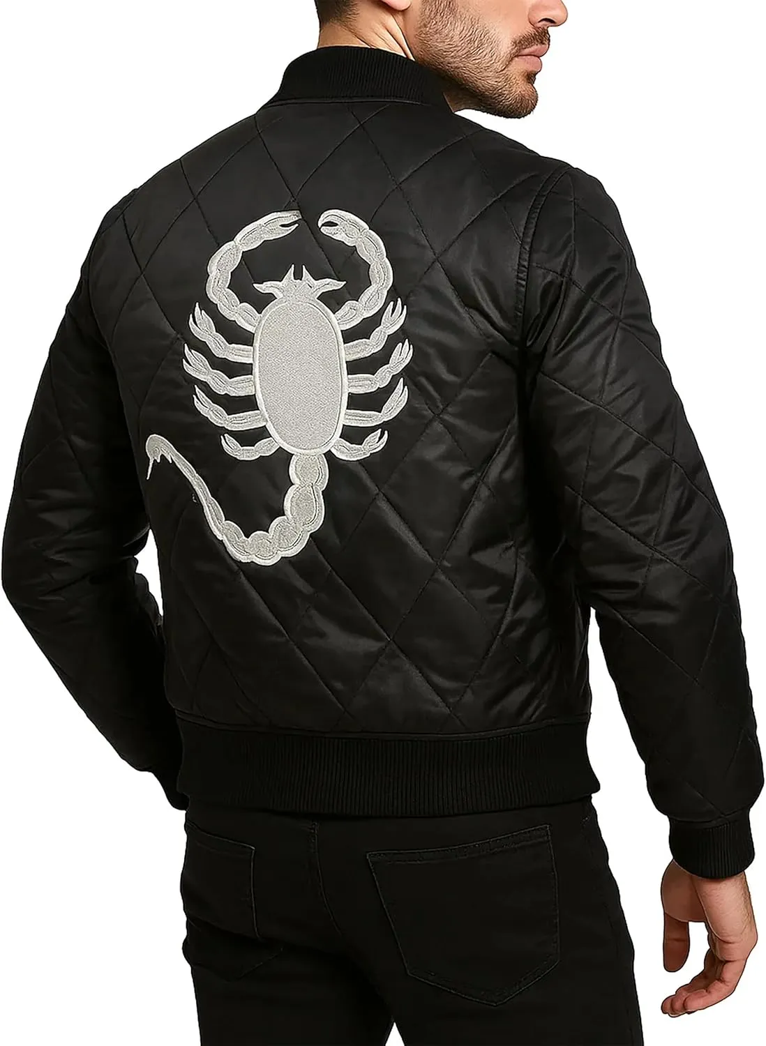 Mens Scorpio Logo Embroidered Quilted Lightweight Satin Bomber Jacket