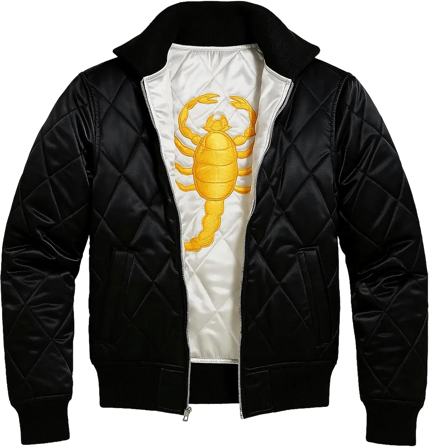 Mens Scorpio Logo Embroidered Quilted Lightweight Satin Bomber Jacket