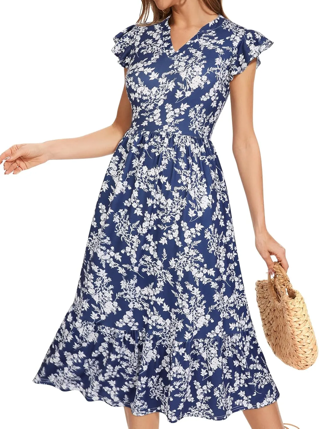 Midi Dresses for Women 2025 Casual with Pockets Ruffle Sleeve Notched Neck A Line Tiered Boho Beach Summer Sundresses