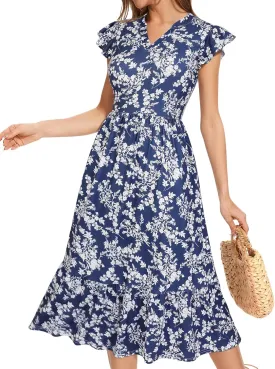 Midi Dresses for Women 2025 Casual with Pockets Ruffle Sleeve Notched Neck A Line Tiered Boho Beach Summer Sundresses