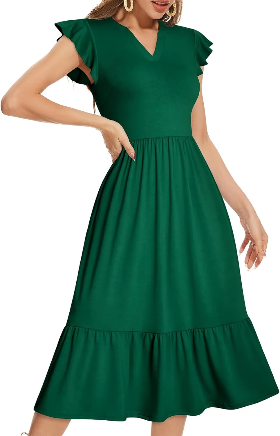 Midi Dresses for Women 2025 Casual with Pockets Ruffle Sleeve Notched Neck A Line Tiered Boho Beach Summer Sundresses