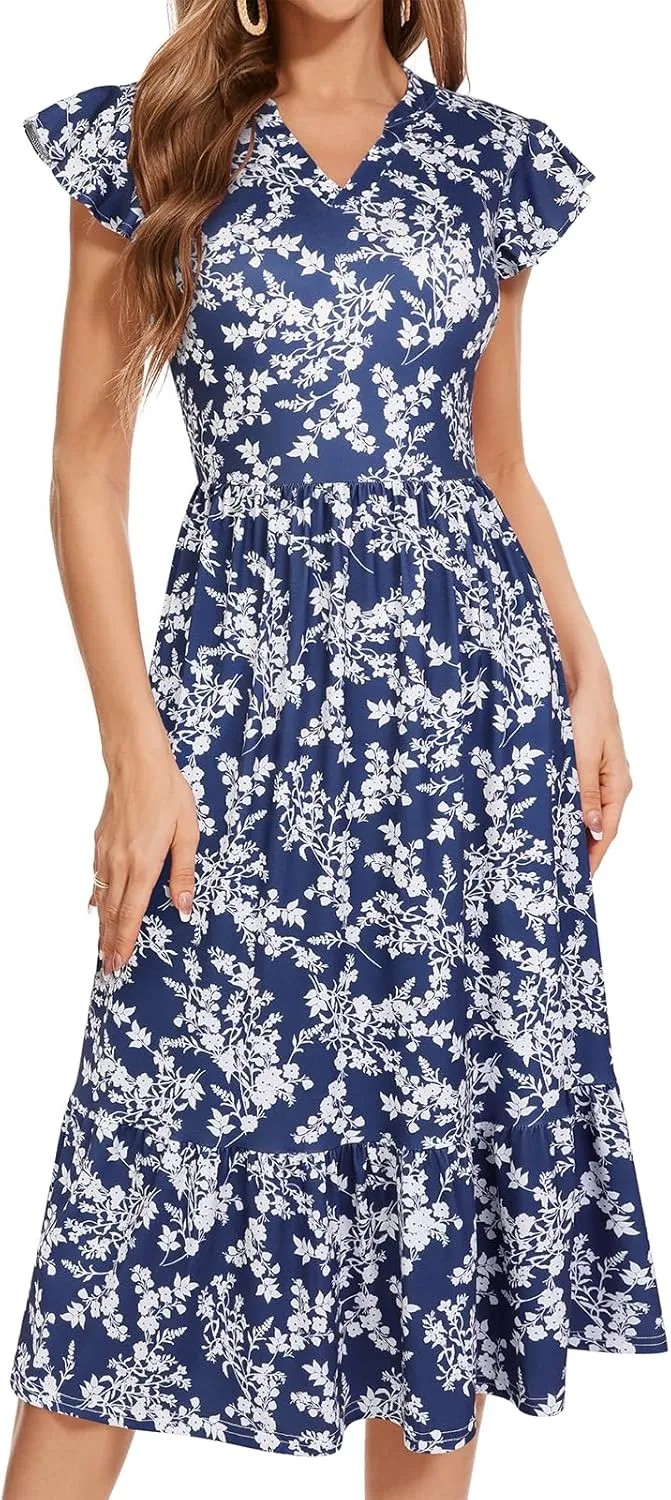 Midi Dresses for Women 2025 Casual with Pockets Ruffle Sleeve Notched Neck A Line Tiered Boho Beach Summer Sundresses