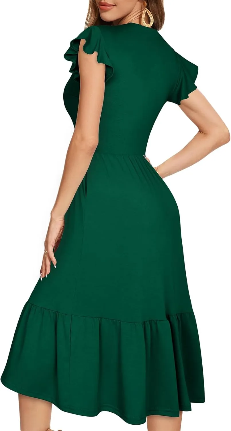 Midi Dresses for Women 2025 Casual with Pockets Ruffle Sleeve Notched Neck A Line Tiered Boho Beach Summer Sundresses