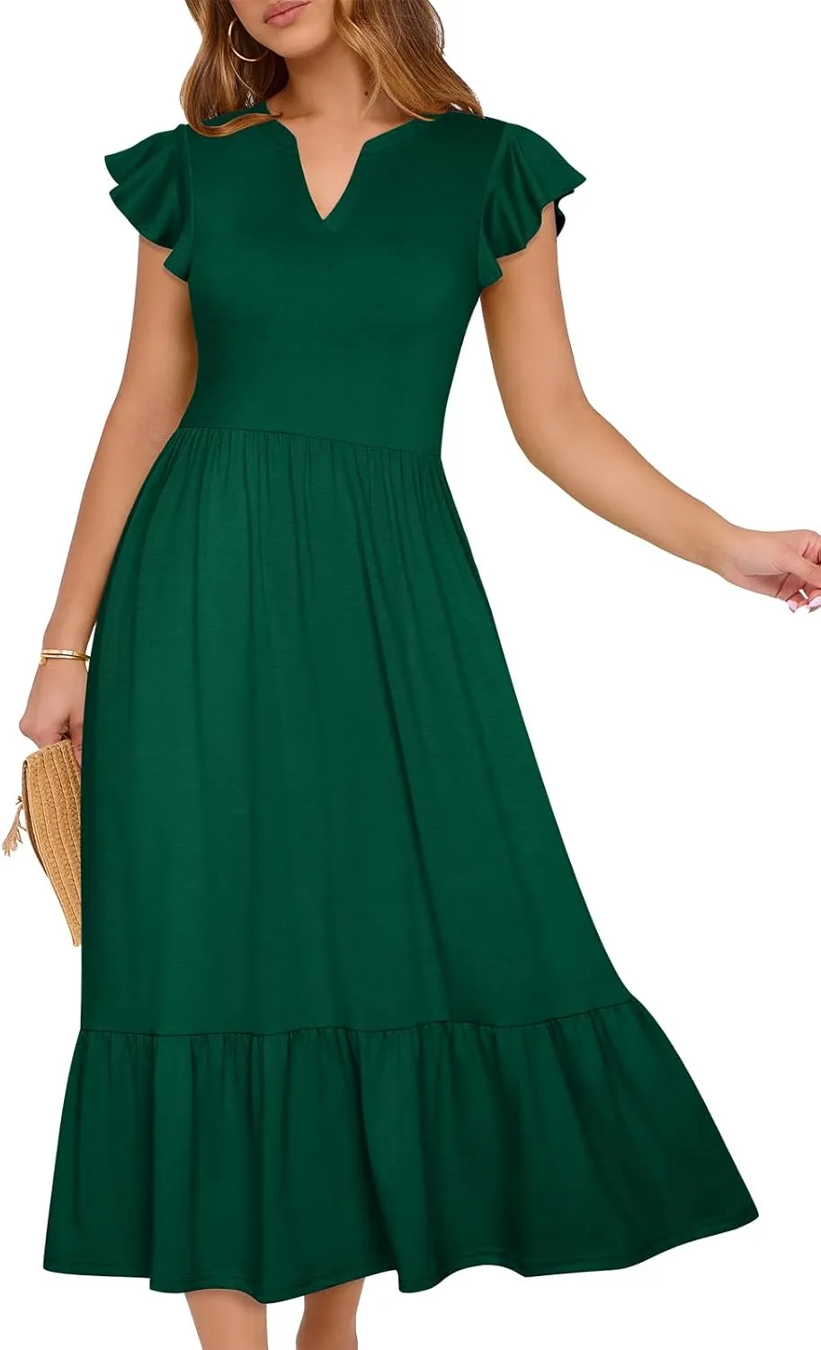 Midi Dresses for Women 2025 Casual with Pockets Ruffle Sleeve Notched Neck A Line Tiered Boho Beach Summer Sundresses