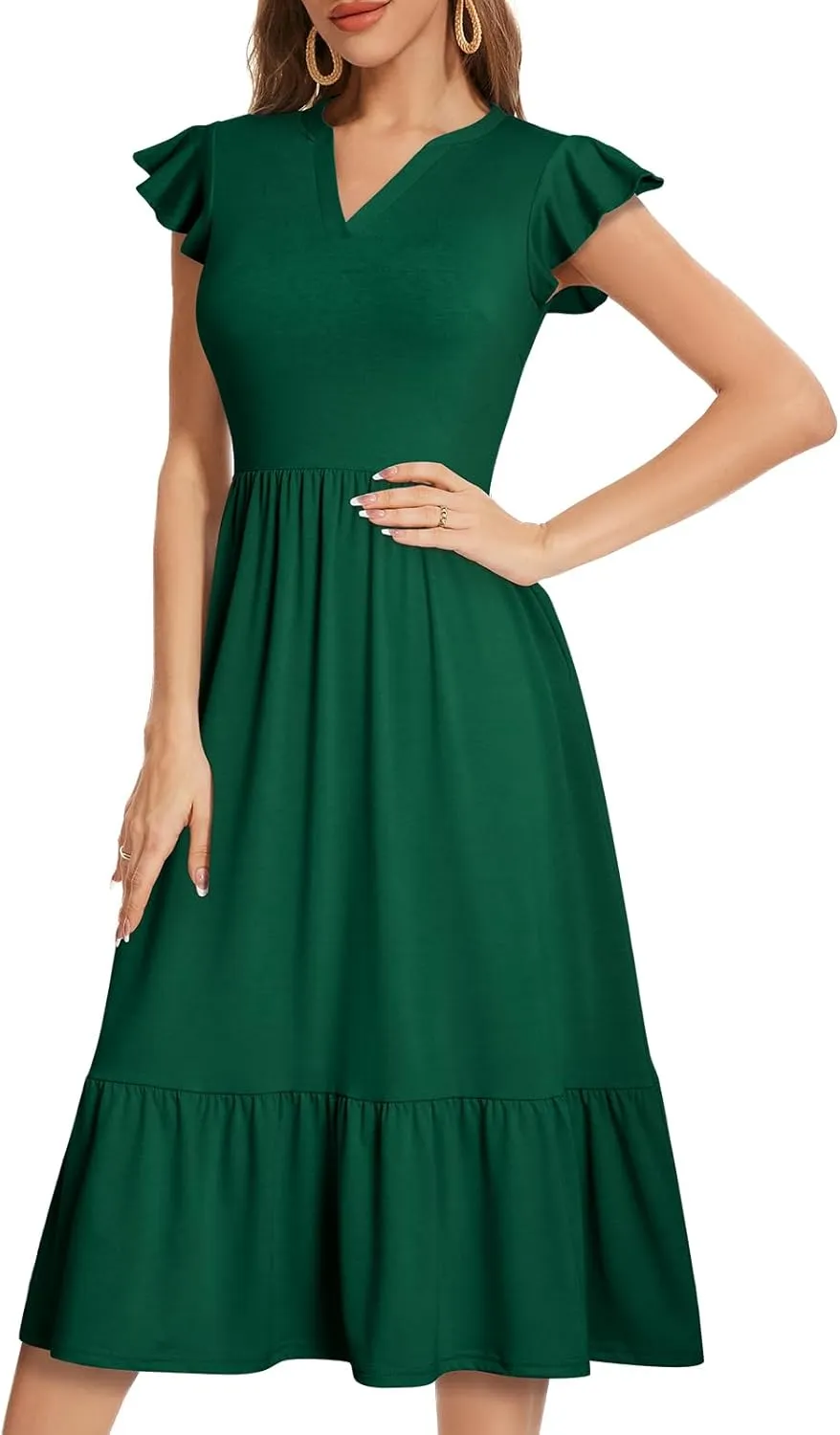 Midi Dresses for Women 2025 Casual with Pockets Ruffle Sleeve Notched Neck A Line Tiered Boho Beach Summer Sundresses